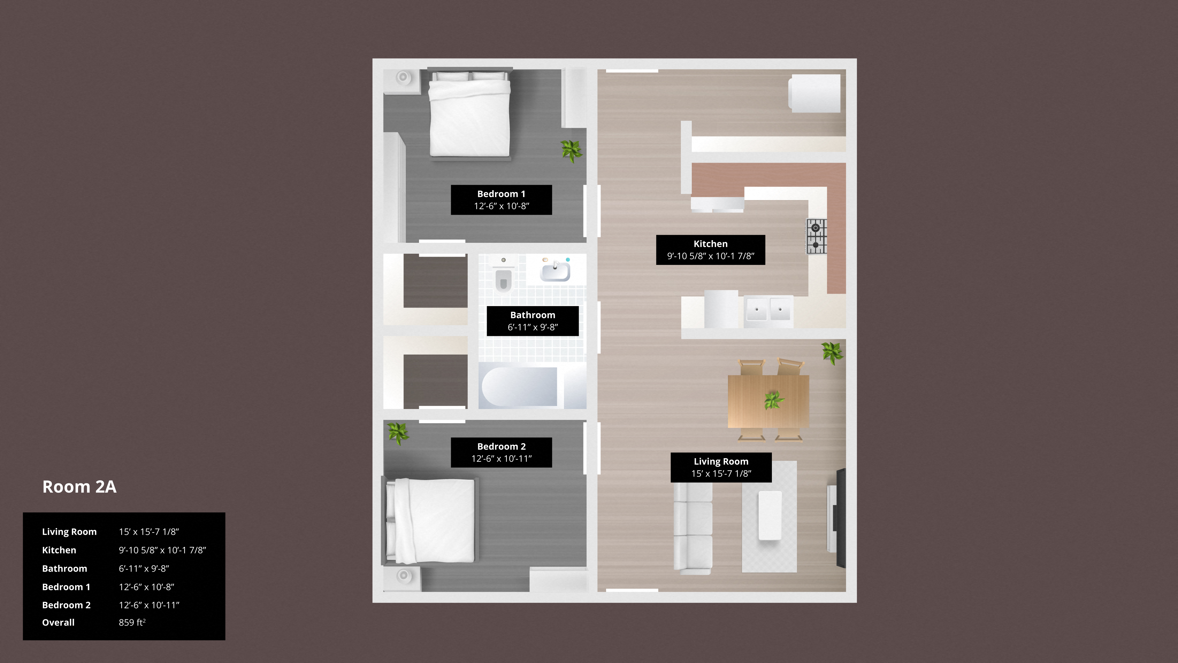 Floor plan for 2 beds, 1 bath, 1254 sqft